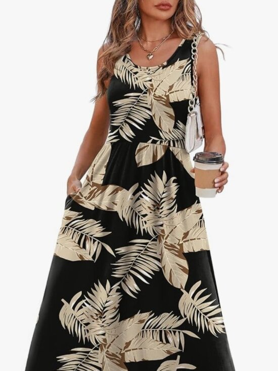 Amazon Dresses & Skirts - Tropical Boho beachy resort palm Fronds black & beige sleeveless dress pockets
